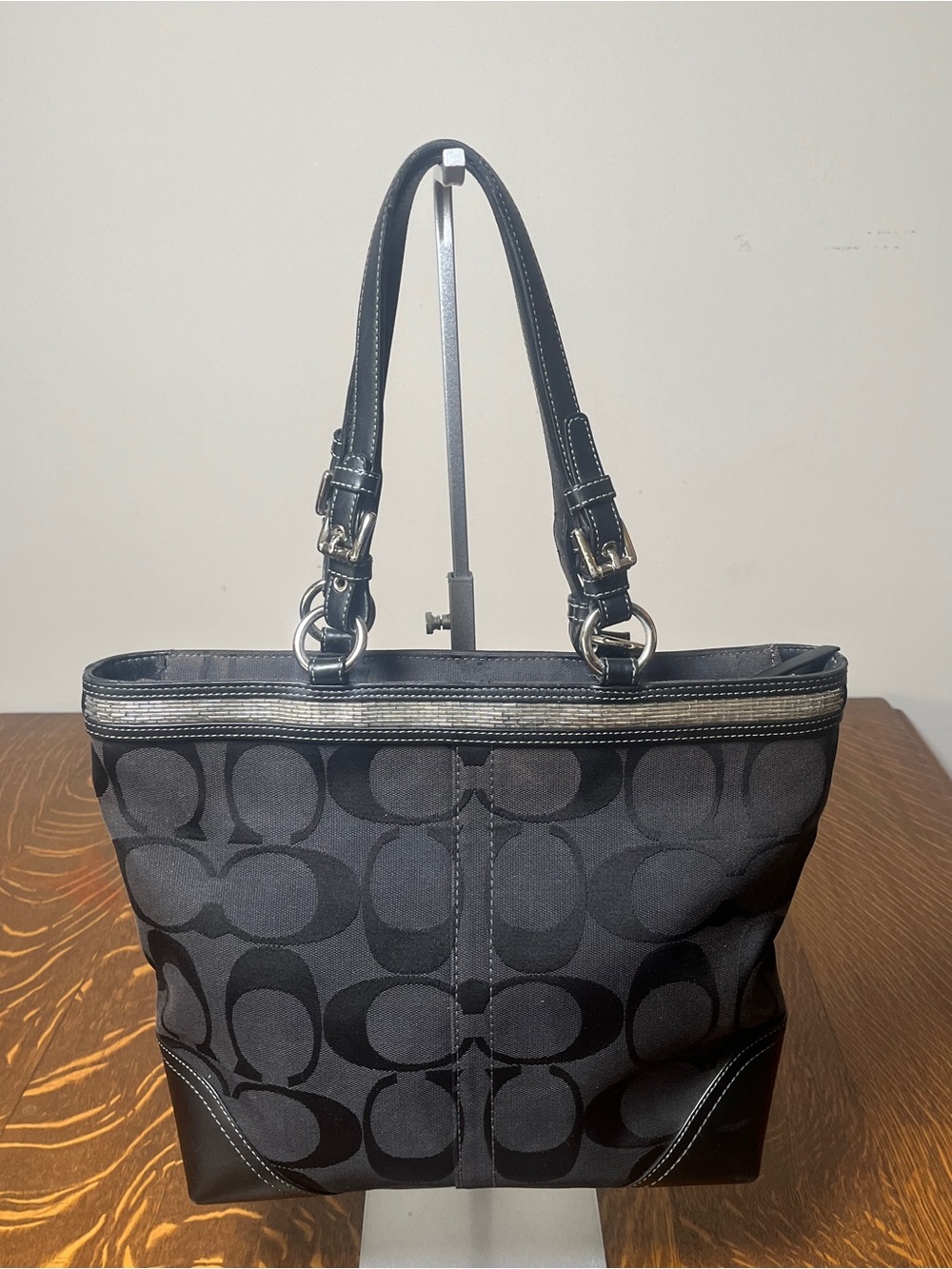 Coach Black Signature Canvas Shoulder Tote with shiny clear bead details. - Picture 2 of 8